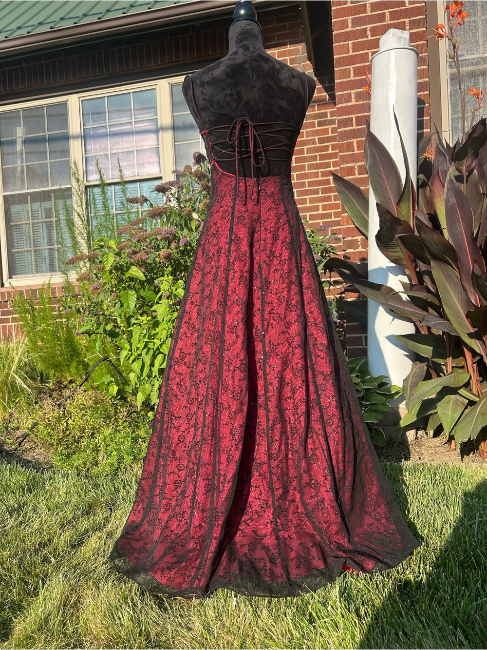 Elegant Red Lace Evening Gown with Black Overlay